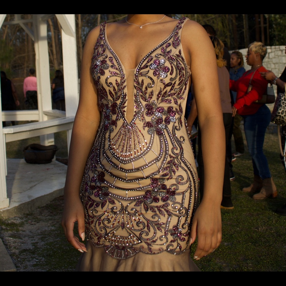 Beige Purple Beaded Prom Dress